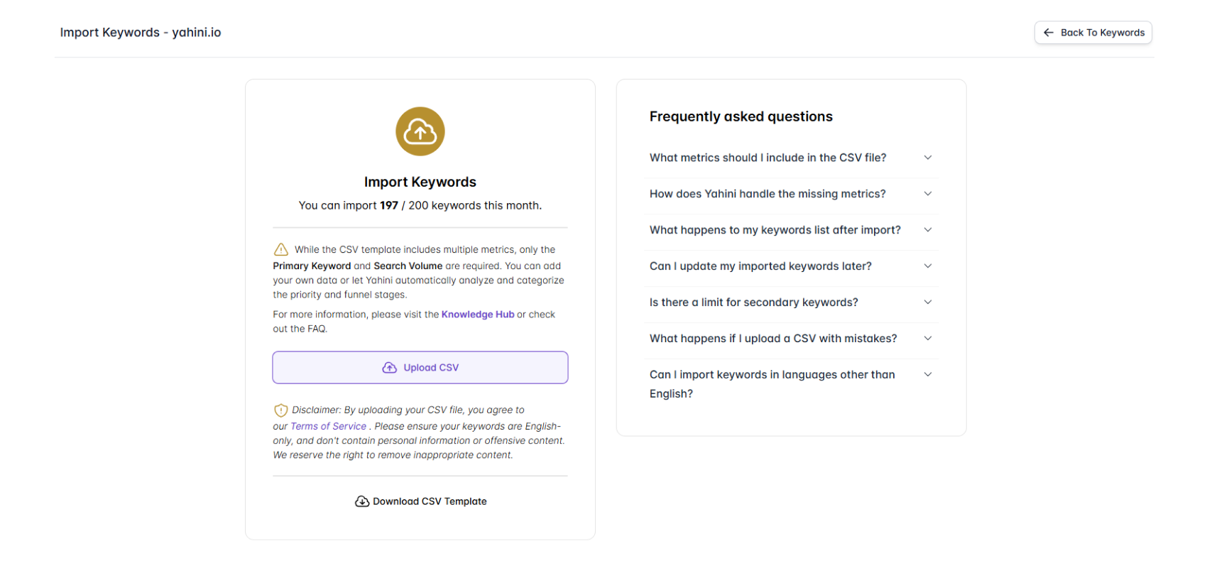 Import your own keywords CSV